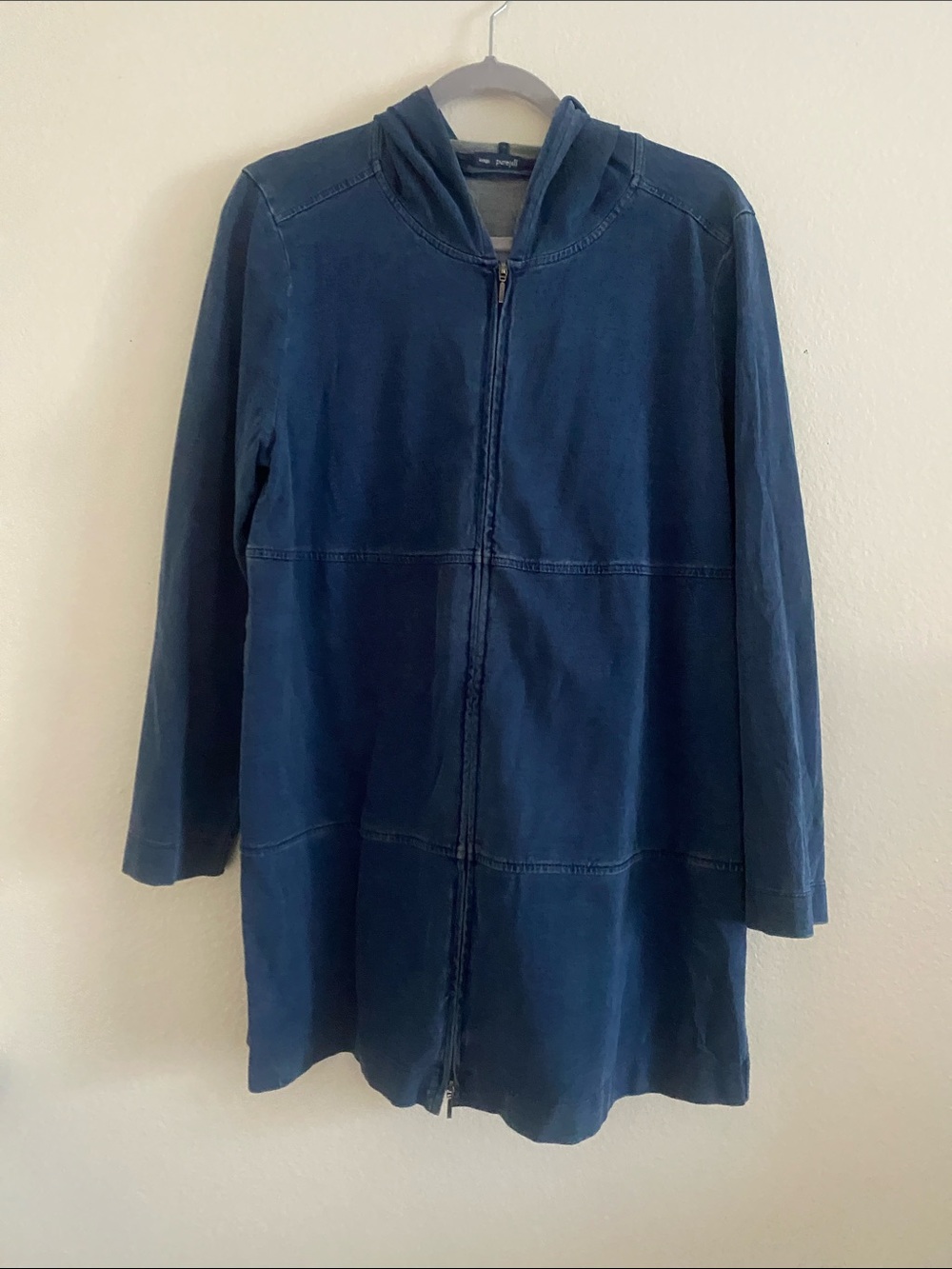 PUREJILL Navy Zip-Front Hooded Coat. Size L